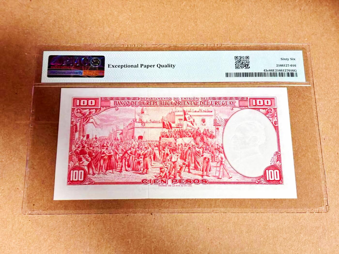 【Blue Auction】世界纸币精拍第792期——18级TOP拍卖/信誉/品质/专业/高效💫 【冠军分】乌拉圭 1939年100比索 背面大场景 精美PMG66EPQ