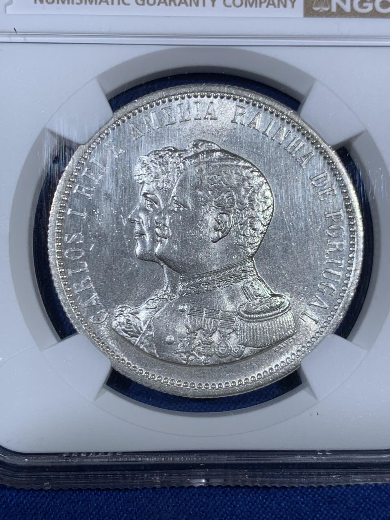 《竞宝斋》第468场 周日，周一 2场连拍 （全场包邮）欢迎送拍 NGC UNC 葡萄牙1898年发现印度纪念1000瑞斯大银币