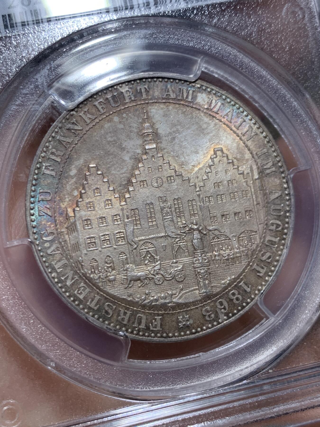 《竞宝斋》第468场 周日，周一 2场连拍 （全场包邮）欢迎送拍 PCGS MS66 德国 德意志 1泰勒 Frankfurt法兰克福 Thun.147 KM#0372 1863年 王子泰勒 欧洲五彩包浆 顶级品相