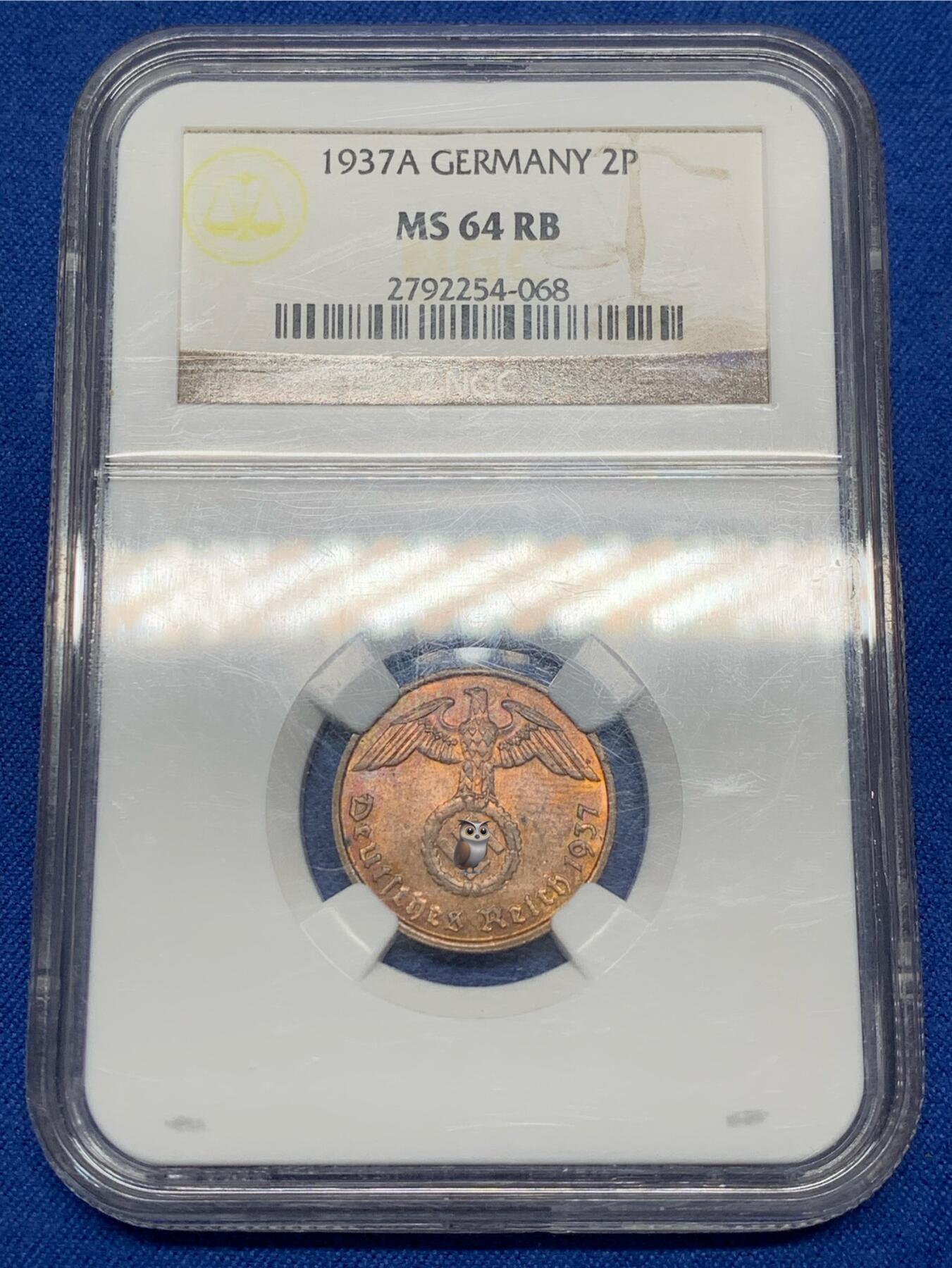 《竞宝斋》第468场 周日，周一 2场连拍 （全场包邮）欢迎送拍 NGC MS64RB 德国2芬尼铜币，1937年版。难得带原铜光，老盒严评，可入藏级状态。