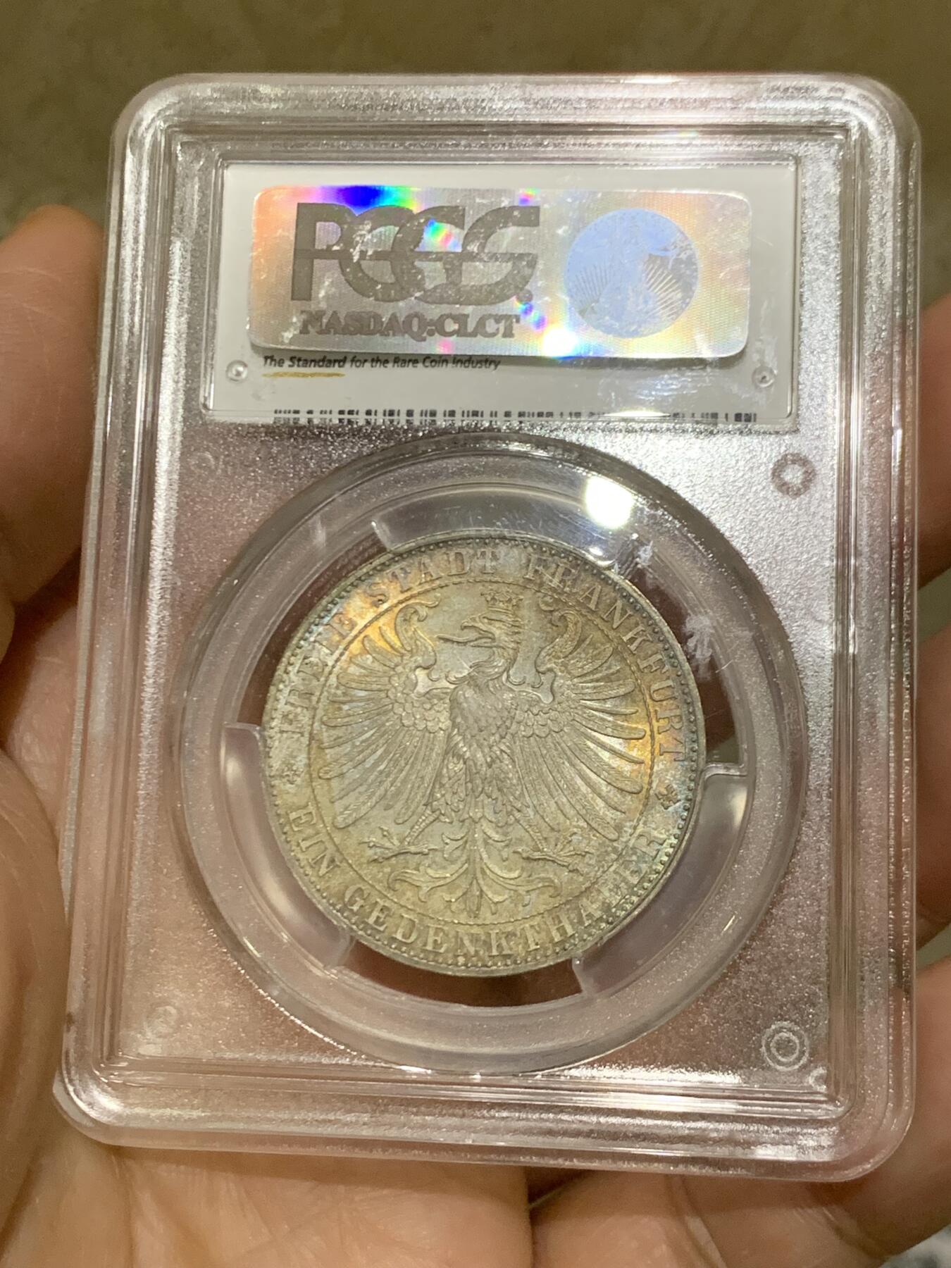 《竞宝斋》第468场 周日，周一 2场连拍 （全场包邮）欢迎送拍 PCGS MS66 德国 德意志 1泰勒 Frankfurt法兰克福 Thun.147 KM#0372 1863年 王子泰勒 欧洲五彩包浆 顶级品相