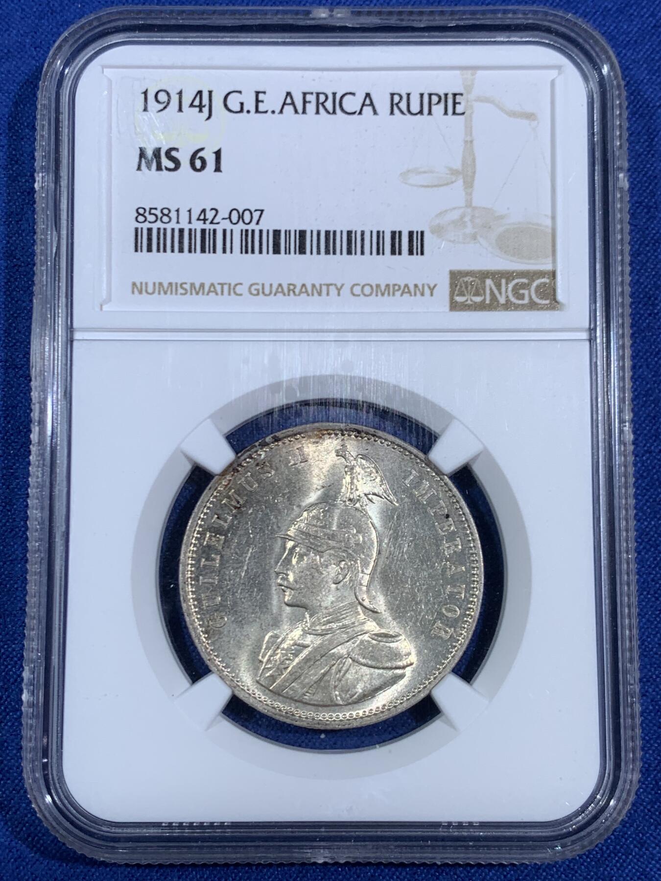 《竞宝斋》第468场 周日，周一 2场连拍 （全场包邮）欢迎送拍 NGC MS61 德国1914年德属东非1卢比面值版 光度非常好，疑似低评