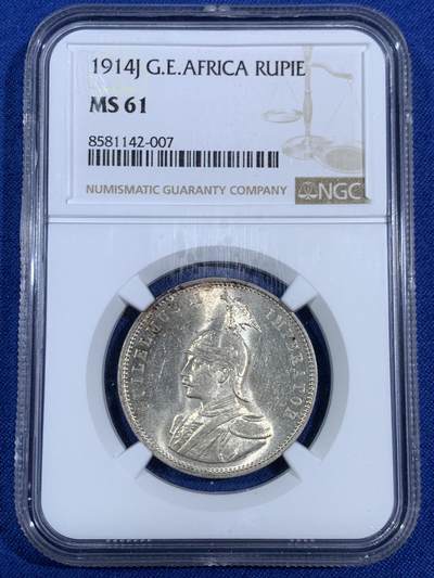 《竞宝斋》第468场 周日，周一 2场连拍 （全场包邮）欢迎送拍 - NGC MS61 德国1914年德属东非1卢比面值版 光度非常好，疑似低评