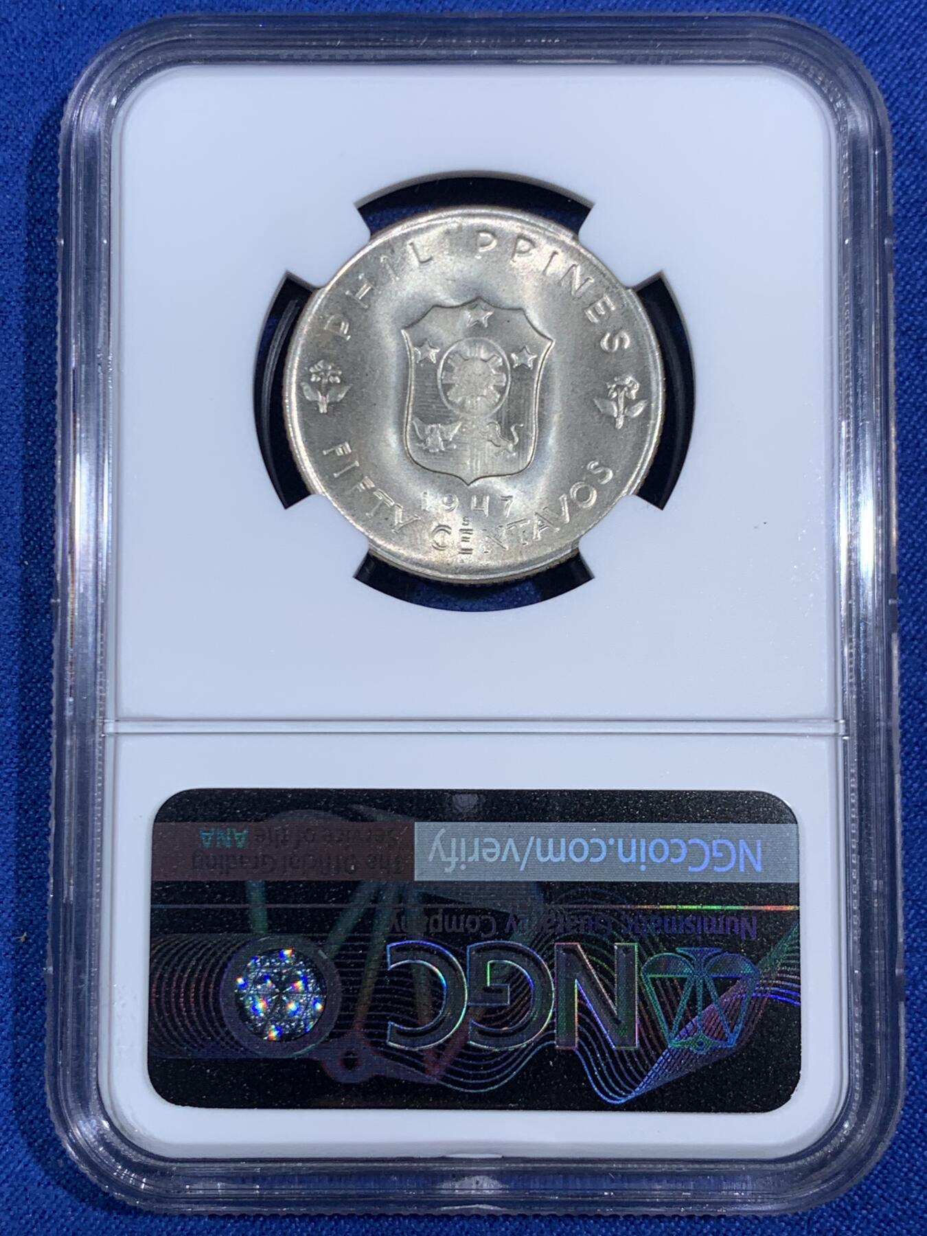 《竞宝斋》第468场 周日，周一 2场连拍 （全场包邮）欢迎送拍 NGC MS66 菲律宾1947S麦克阿瑟50分银币 超高分！ BU状态，正反带有自然淡黄色包浆 状态和分数都非常难得