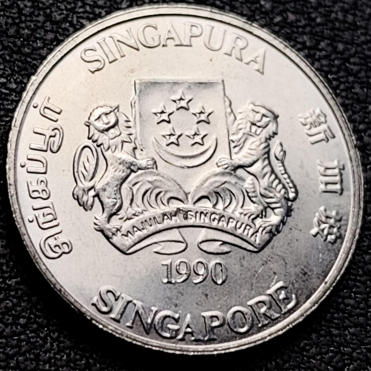 泉币菌-第205场-拍品多 请提前出价 1990 高币值 新加坡20分 绒球花 高盾徽版 直径21.36mm