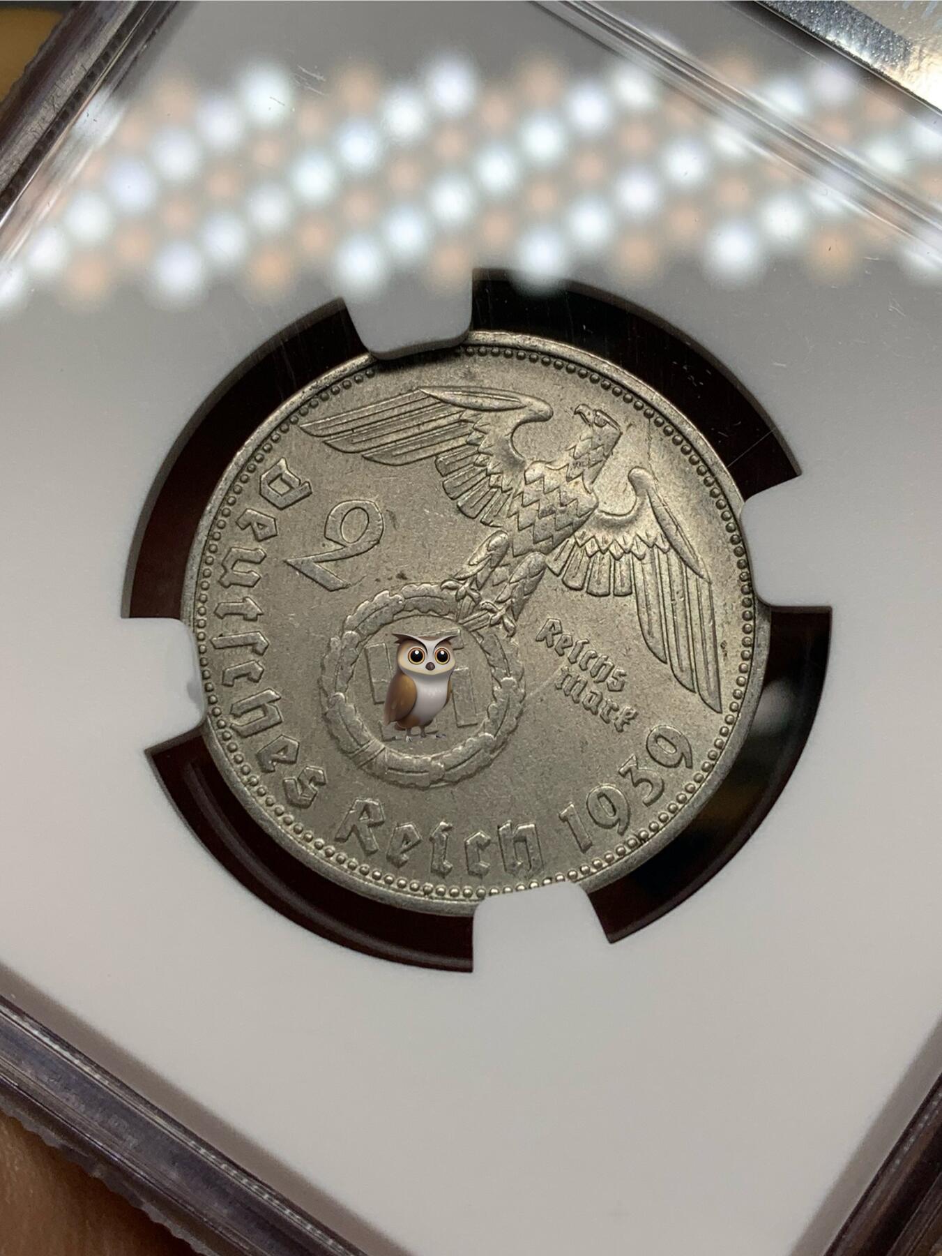 《竞宝斋》第468场 周日，周一 2场连拍 （全场包邮）欢迎送拍 NGC UNCD 德国兴登堡1939年带风车2马克银币 状态不错