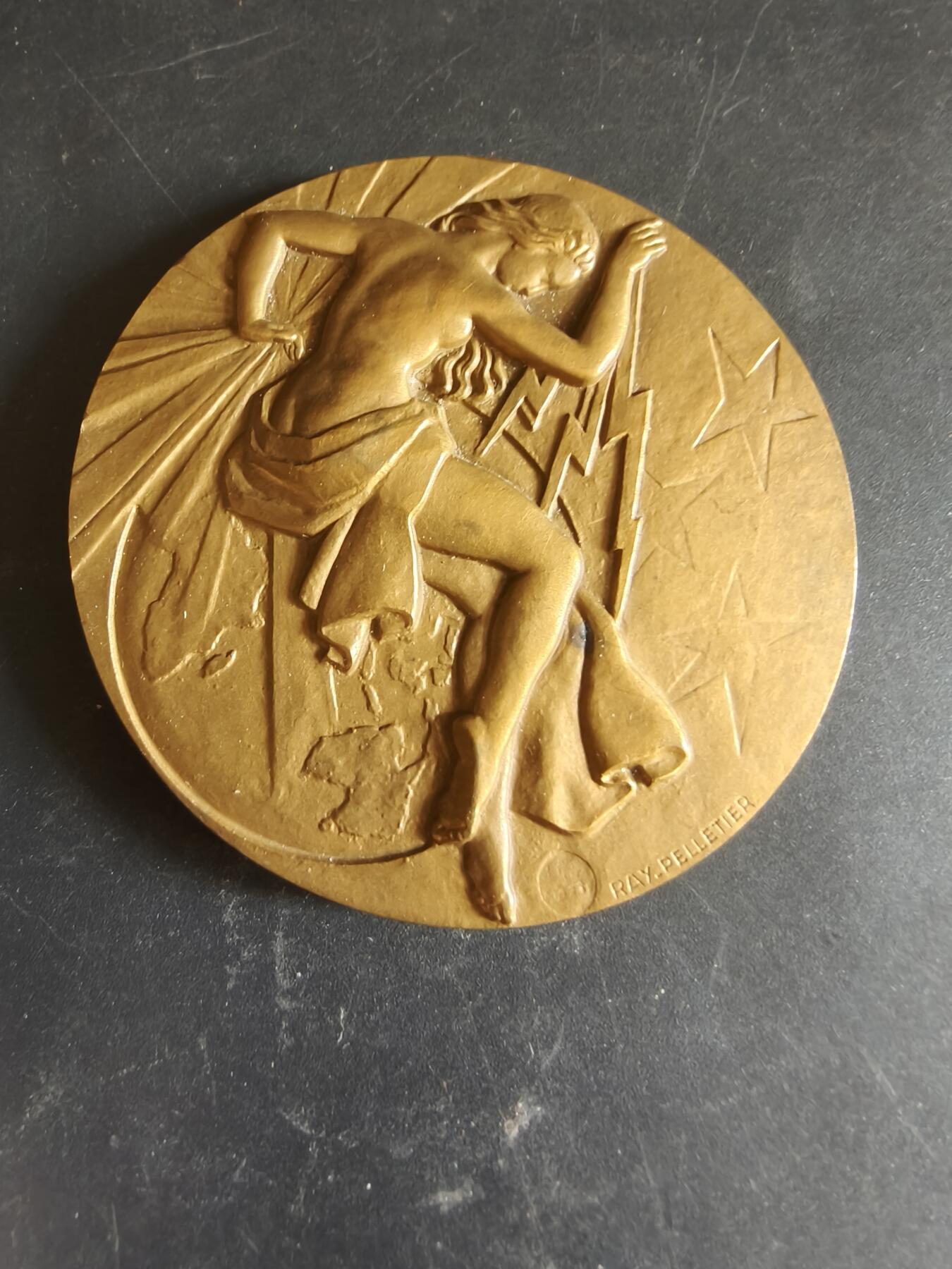 老王徽章第186期 法国电气施工行业总工会大铜章      原盒     直径66mm    重量157.2g