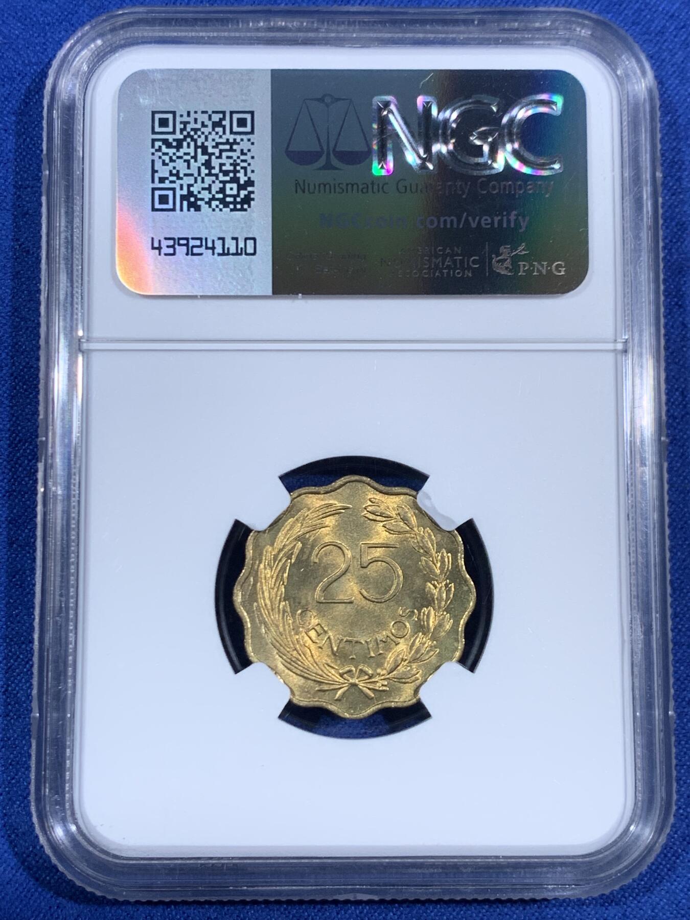 《竞宝斋》第468场 周日，周一 2场连拍 （全场包邮）欢迎送拍 NGC MS64 巴拉圭1953年25分 少见品种