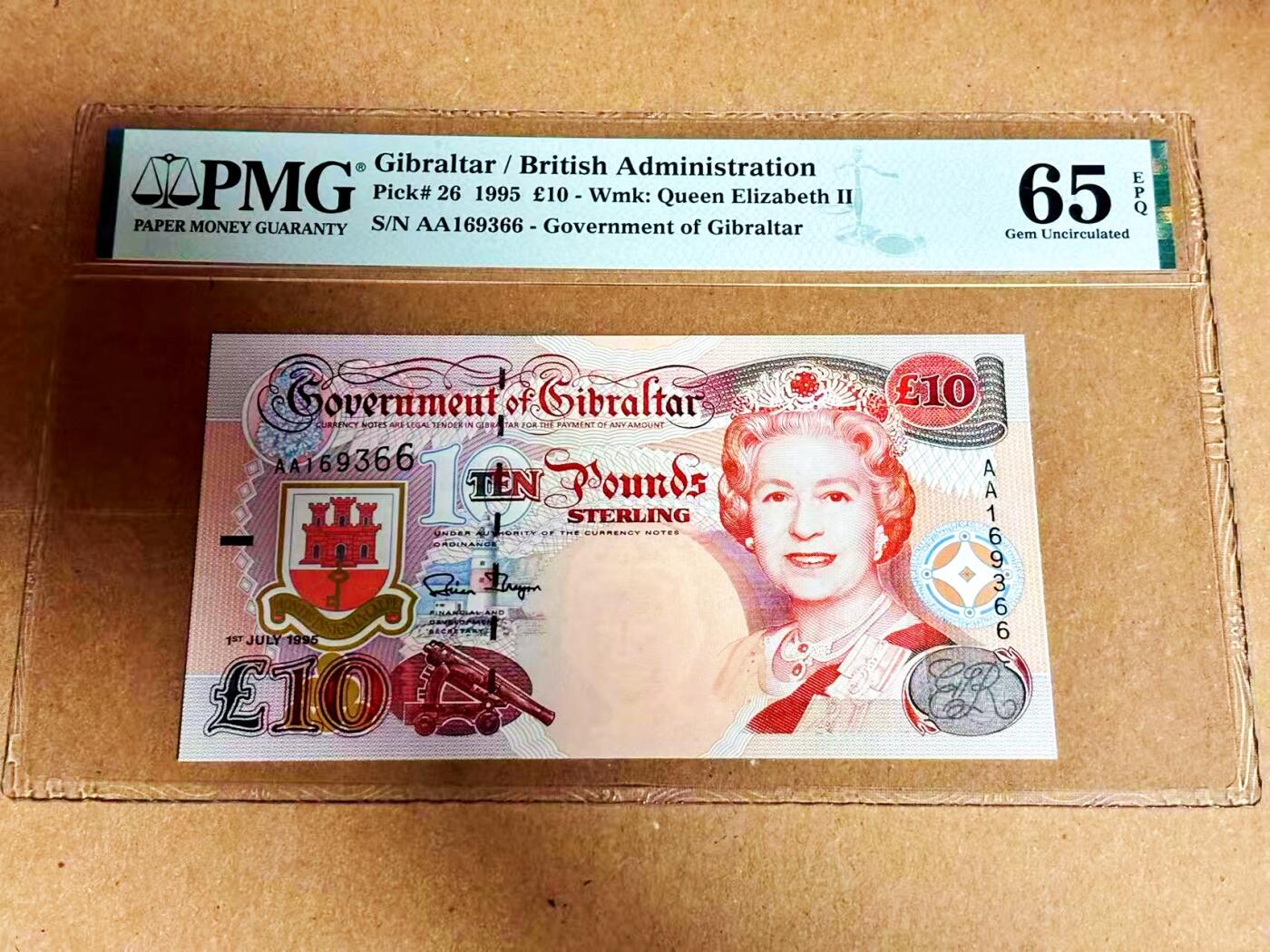 【Blue Auction】世界纸币精拍第792期——18级TOP拍卖/信誉/品质/专业/高效💫 【AA无47】直布罗陀 1995年10镑 PMG65EPQ 