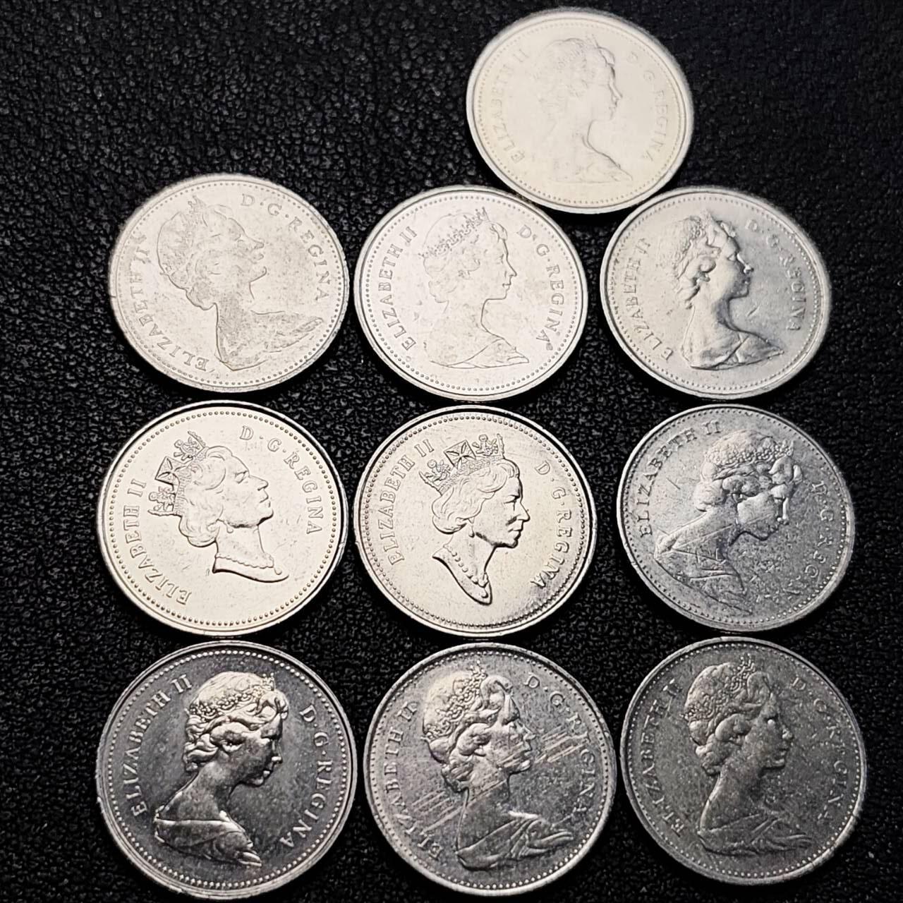 泉币菌-第205场-拍品多 请提前出价 10枚 高币值一组 加拿大10分镍币 帆船 伊丽莎白二世 混合年份 未挑