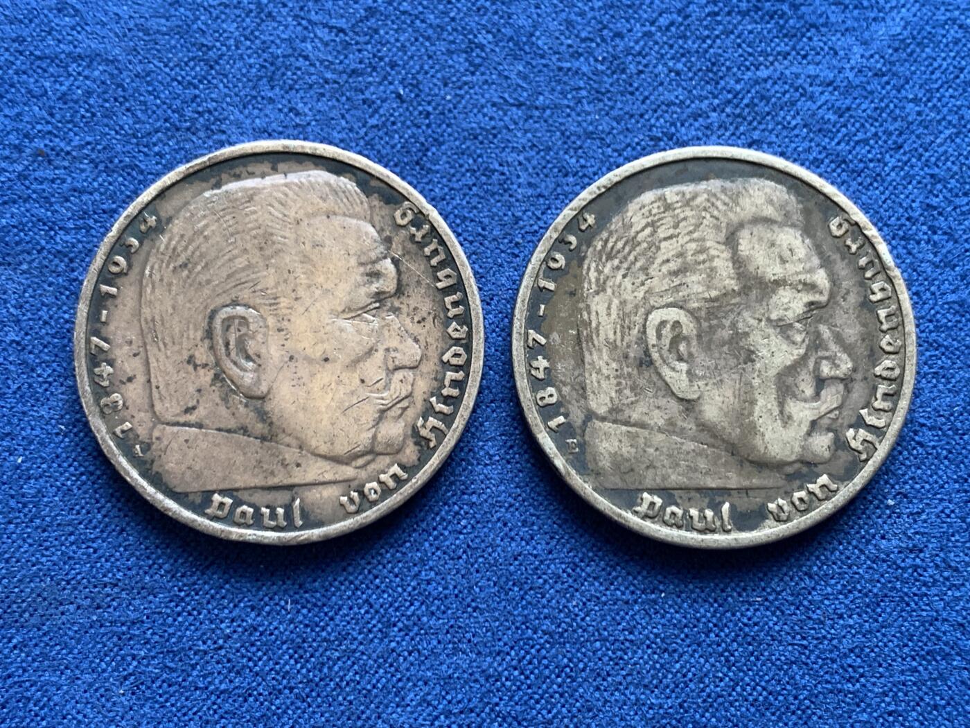 《竞宝斋》第468场 周日，周一 2场连拍 （全场包邮）欢迎送拍 两枚一组 德国1936年兴登堡5马克银币 总重27.45克