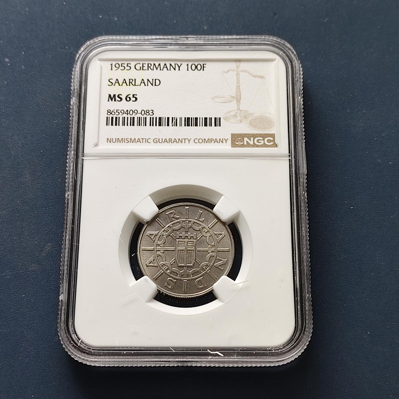 【全场包邮】纯粹捡漏拍511场 【收藏级·亚军分】德占萨尔1955年100法郎-NGC MS65（更高分仅1枚）