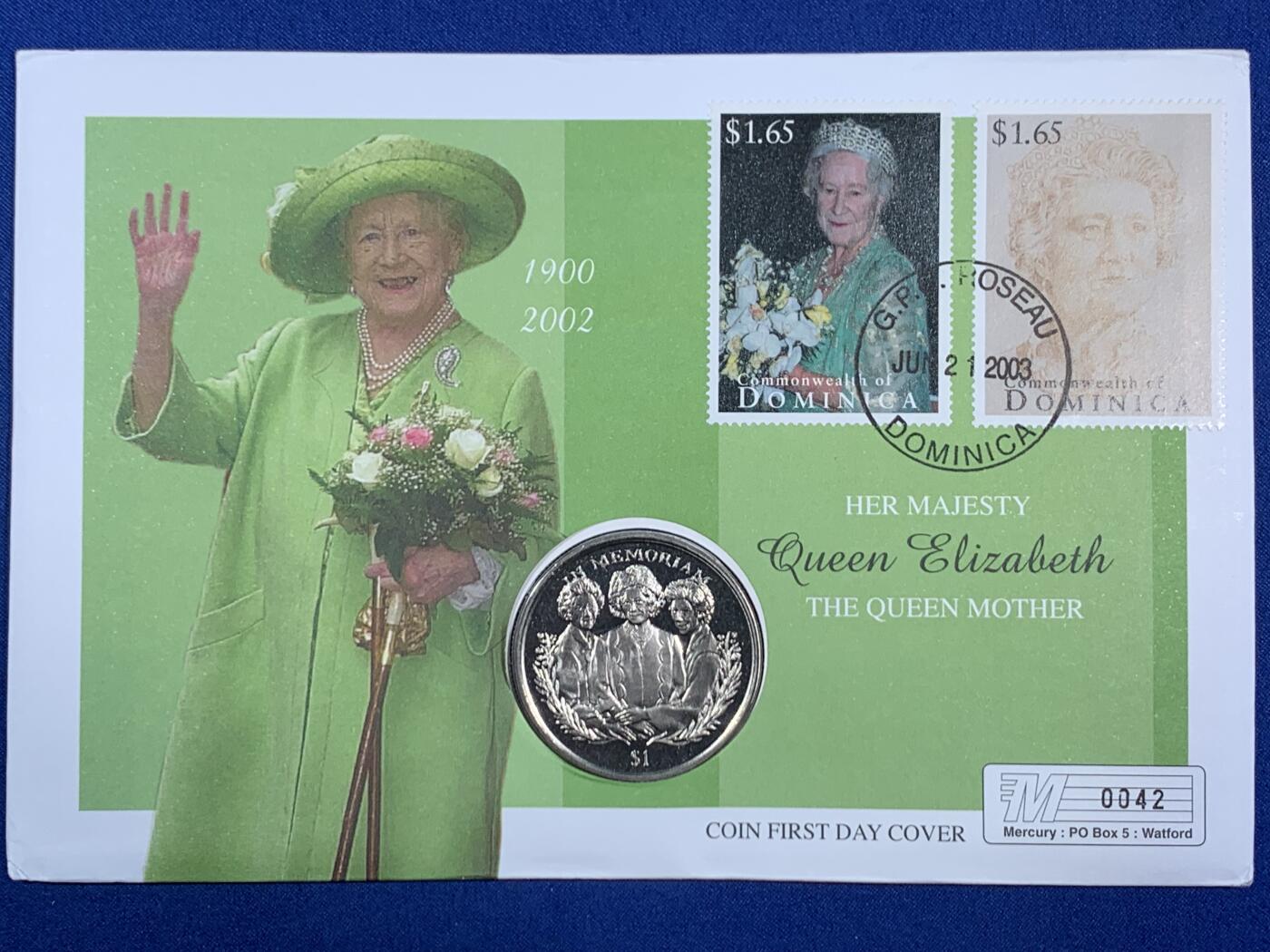 《竞宝斋》第468场 周日，周一 2场连拍 （全场包邮）欢迎送拍 塞拉利昂2002年女王母亲逝世1元纪念币，邮币首日封编号0042。