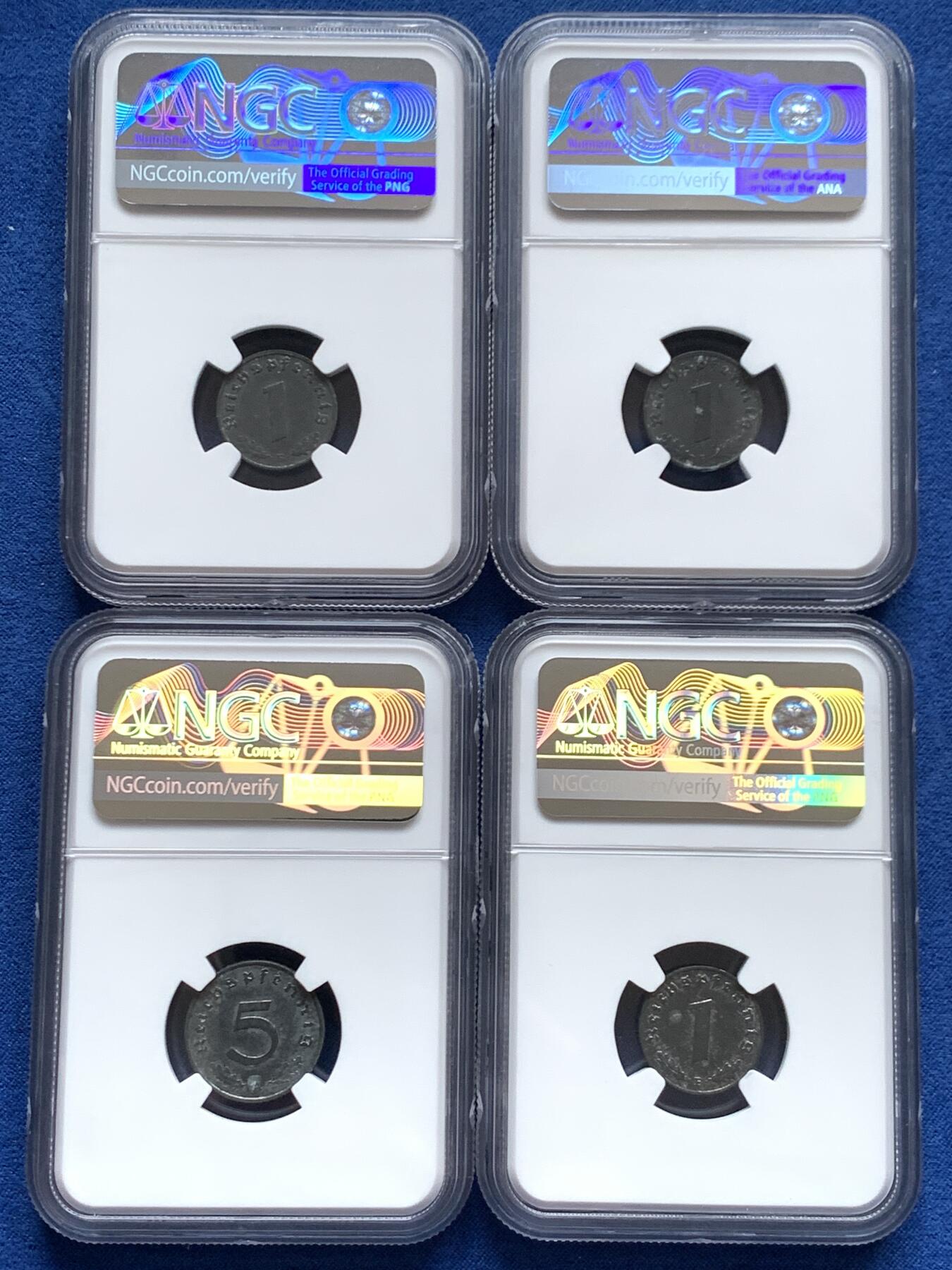 《竞宝斋》第468场 周日，周一 2场连拍 （全场包邮）欢迎送拍 四枚一组 NGC MS61 德国带风车锡币，其中三枚1芬尼，一枚5芬尼，锡币难以保存，这批状态还不错