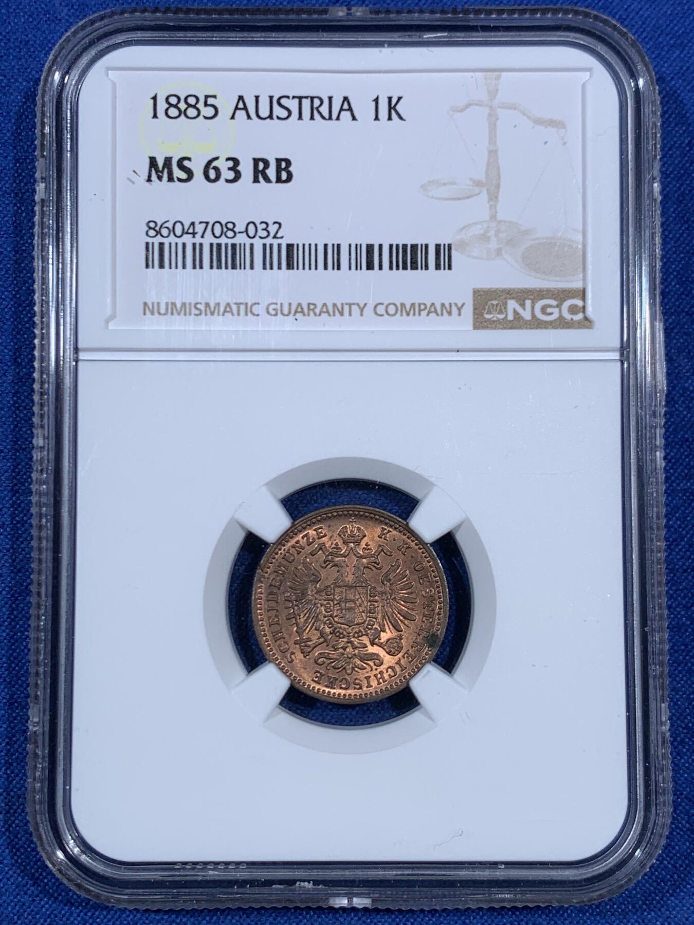 《竞宝斋》第468场 周日，周一 2场连拍 （全场包邮）欢迎送拍 NGC MS63RB 奥地利1885年1克鲁泽铜币