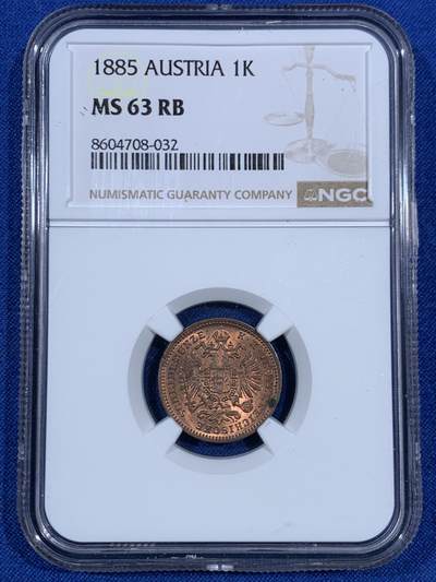 《竞宝斋》第468场 周日，周一 2场连拍 （全场包邮）欢迎送拍 - NGC MS63RB 奥地利1885年1克鲁泽铜币
