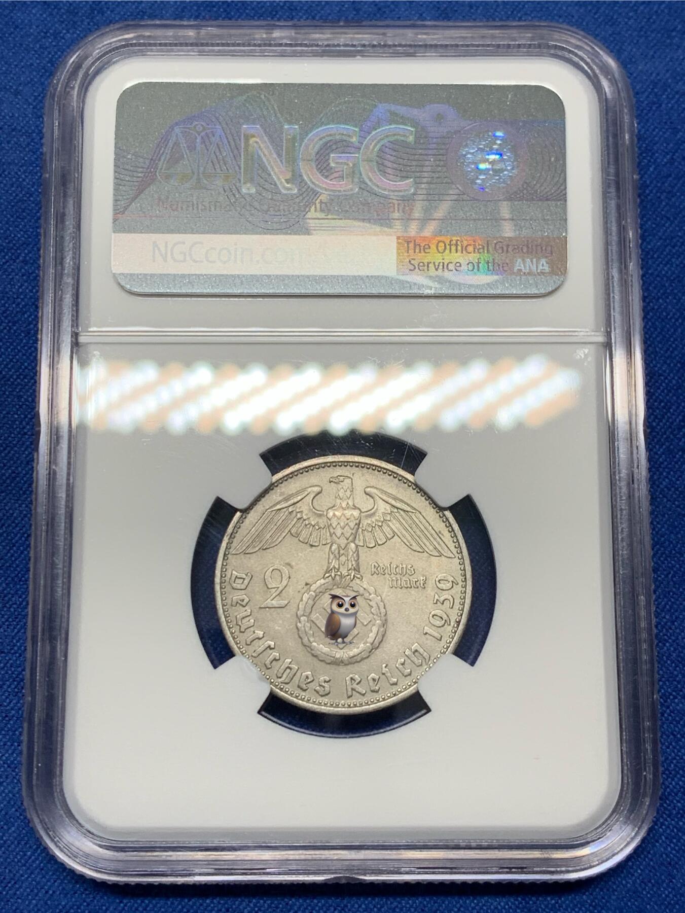 《竞宝斋》第468场 周日，周一 2场连拍 （全场包邮）欢迎送拍 NGC UNCD 德国兴登堡1939年带风车2马克银币 状态不错