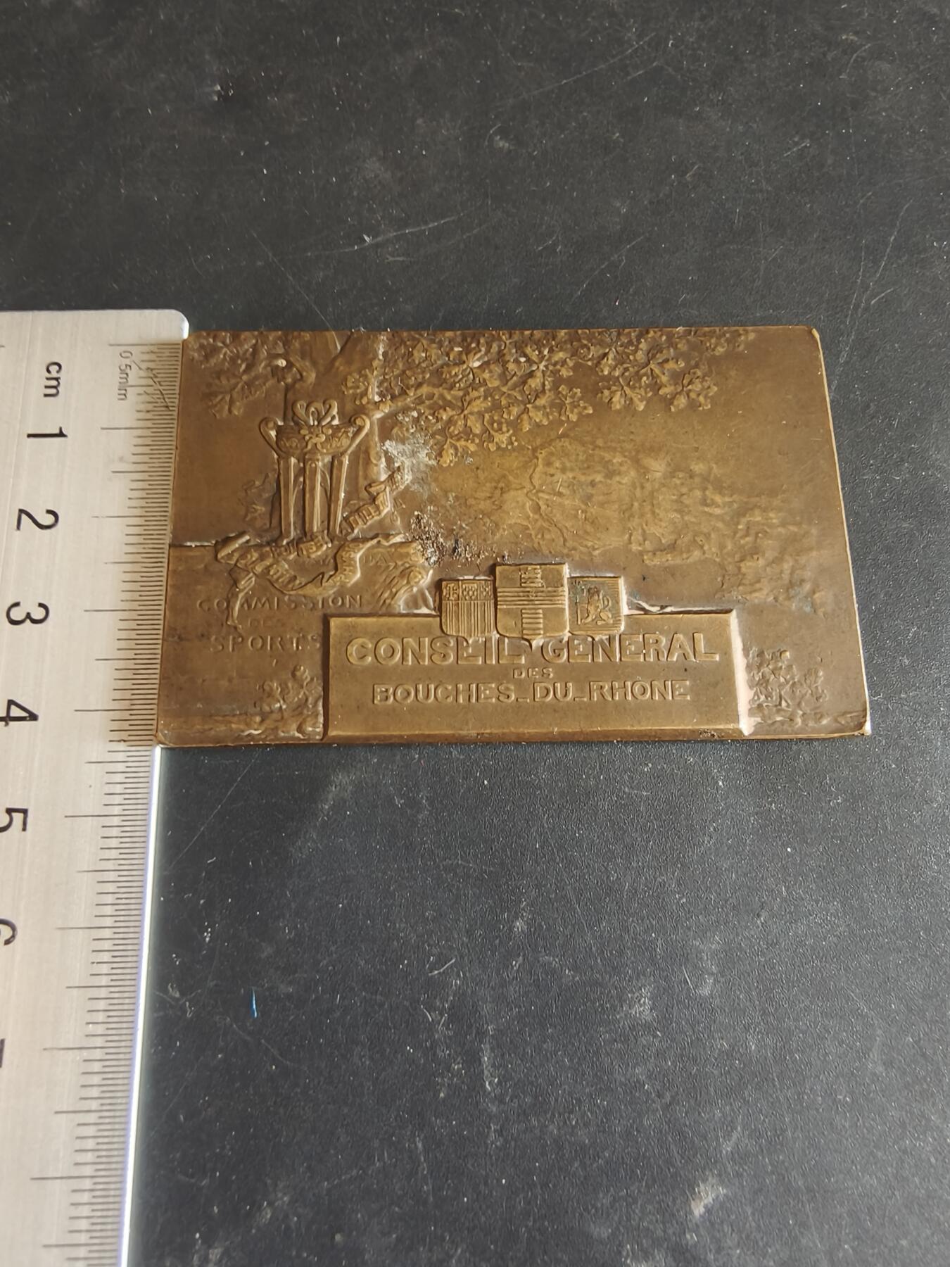 老王徽章第186期 法国罗讷河口省议会体育委员会纪念碑方形大铜章     尺寸68×44mm     重量91.1g