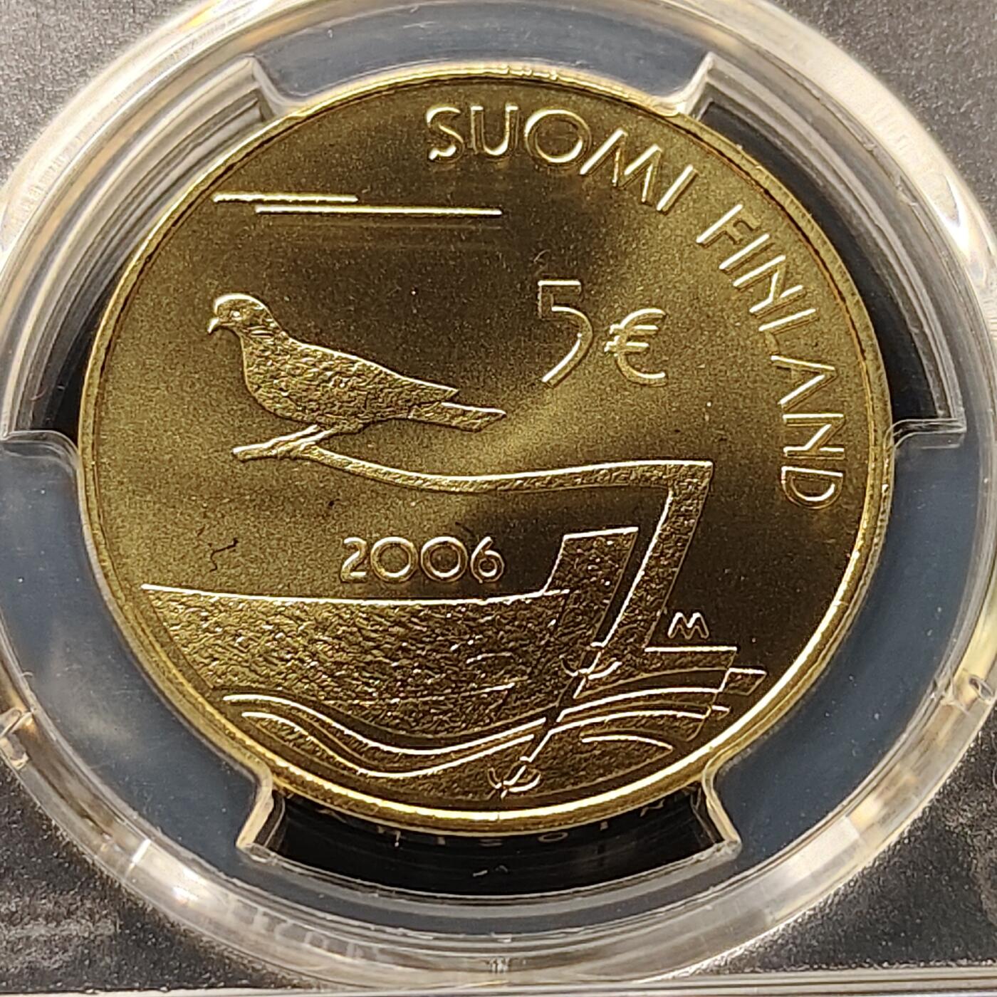 【全场包邮】纯粹捡漏拍511场 【收藏级·冠军分】芬兰2006年5欧元奥兰岛非军事化150周年纪念币-PCGS MS68