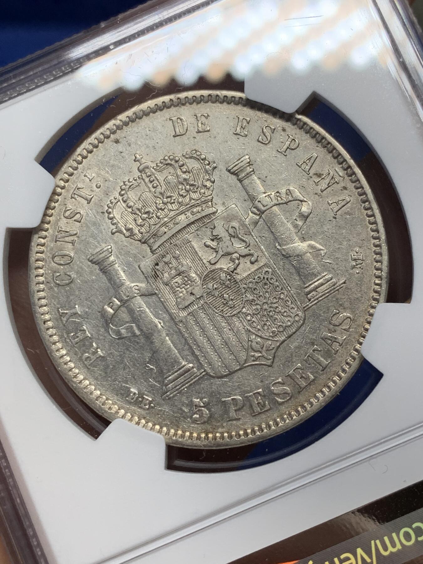 《竞宝斋》第468场 周日，周一 2场连拍 （全场包邮）欢迎送拍 NGC AUD 西班牙1878年阿方索十二世5比塞塔双柱银币