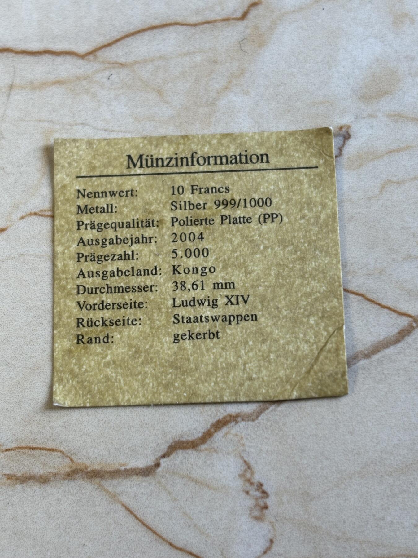 第193期拍卖 刚果2004年人物路易十四纪念银币带证书，999银，19.98克