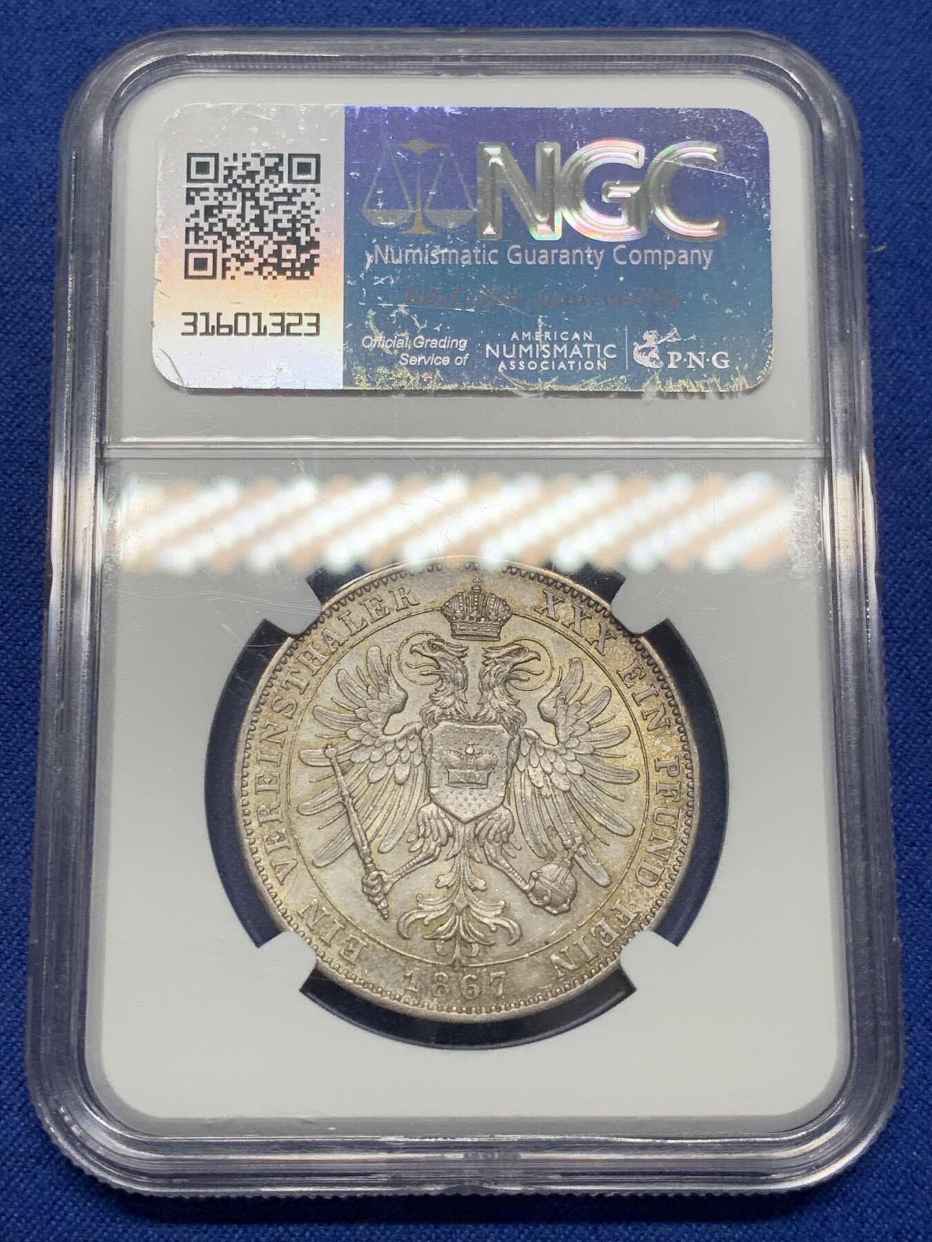 《竞宝斋》第468场 周日，周一 2场连拍 （全场包邮）欢迎送拍 NGC AU58 德国 1867年 施瓦茨堡-鲁多尔施塔特亲王国1泰勒银币 发行量仅13000枚 淡灰包浆 背面标准ms略低评