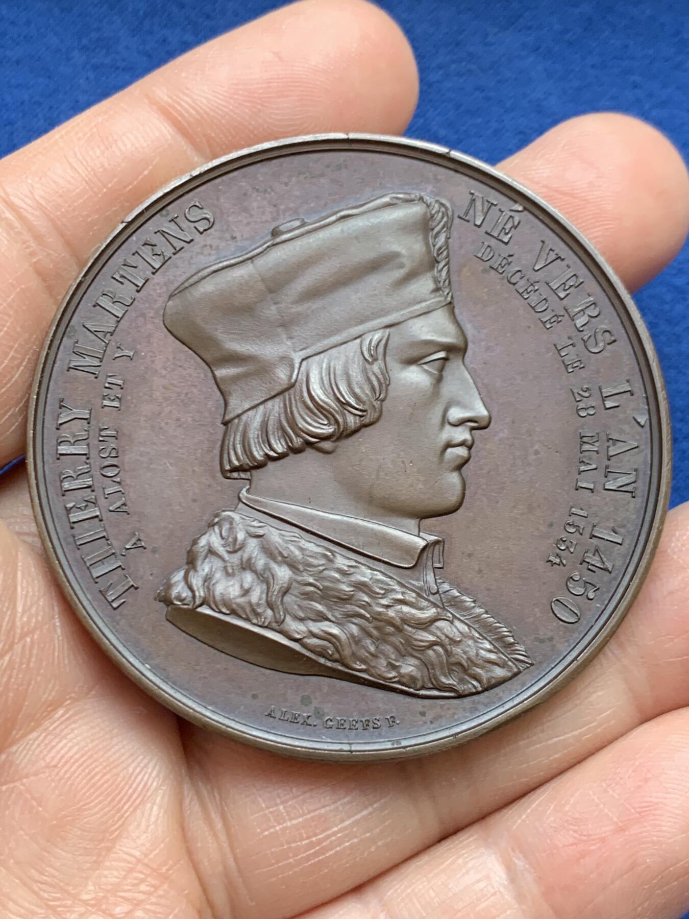 《竞宝斋》第468场 周日，周一 2场连拍 （全场包邮）欢迎送拍 比利时洼地国家印刷之父-蒂艾里.马滕斯纪念铜章 54mm 56.35g