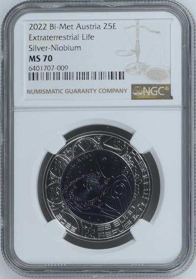 S&S Numismatic世界钱币-拍卖 第121期  - 获奖币*奥地利2022年 外星生命 25欧元银+铌双色纪念币盒证齐全 NGC MS70冠军分