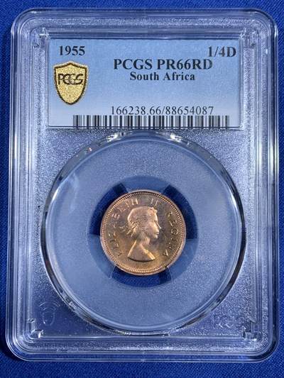 《竞宝斋》第468场 周日，周一 2场连拍 （全场包邮）欢迎送拍 - PCGS PR66RD 1955年南非1/4便士，高分RD不易