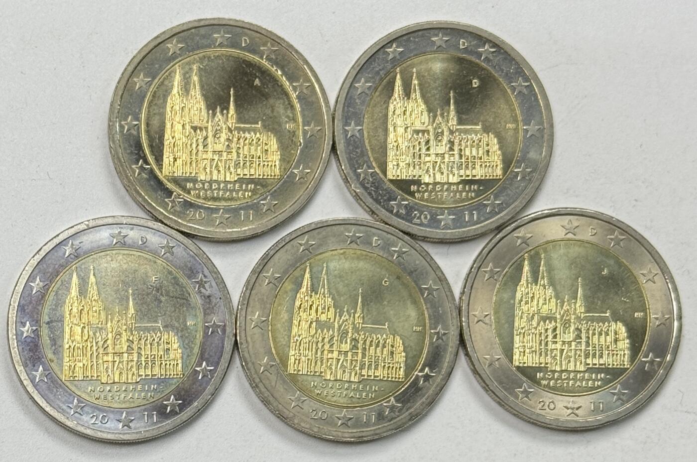 S&S Numismatic世界钱币-拍卖 第122期  德国2011年 北威州科隆大教堂 2欧元双色纪念币 ADFGJ厂标 5枚全套