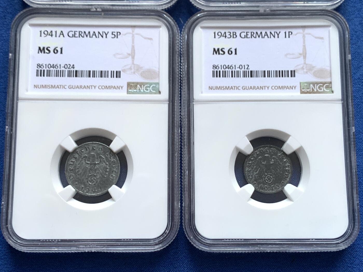 《竞宝斋》第468场 周日，周一 2场连拍 （全场包邮）欢迎送拍 四枚一组 NGC MS61 德国带风车锡币，其中三枚1芬尼，一枚5芬尼，锡币难以保存，这批状态还不错