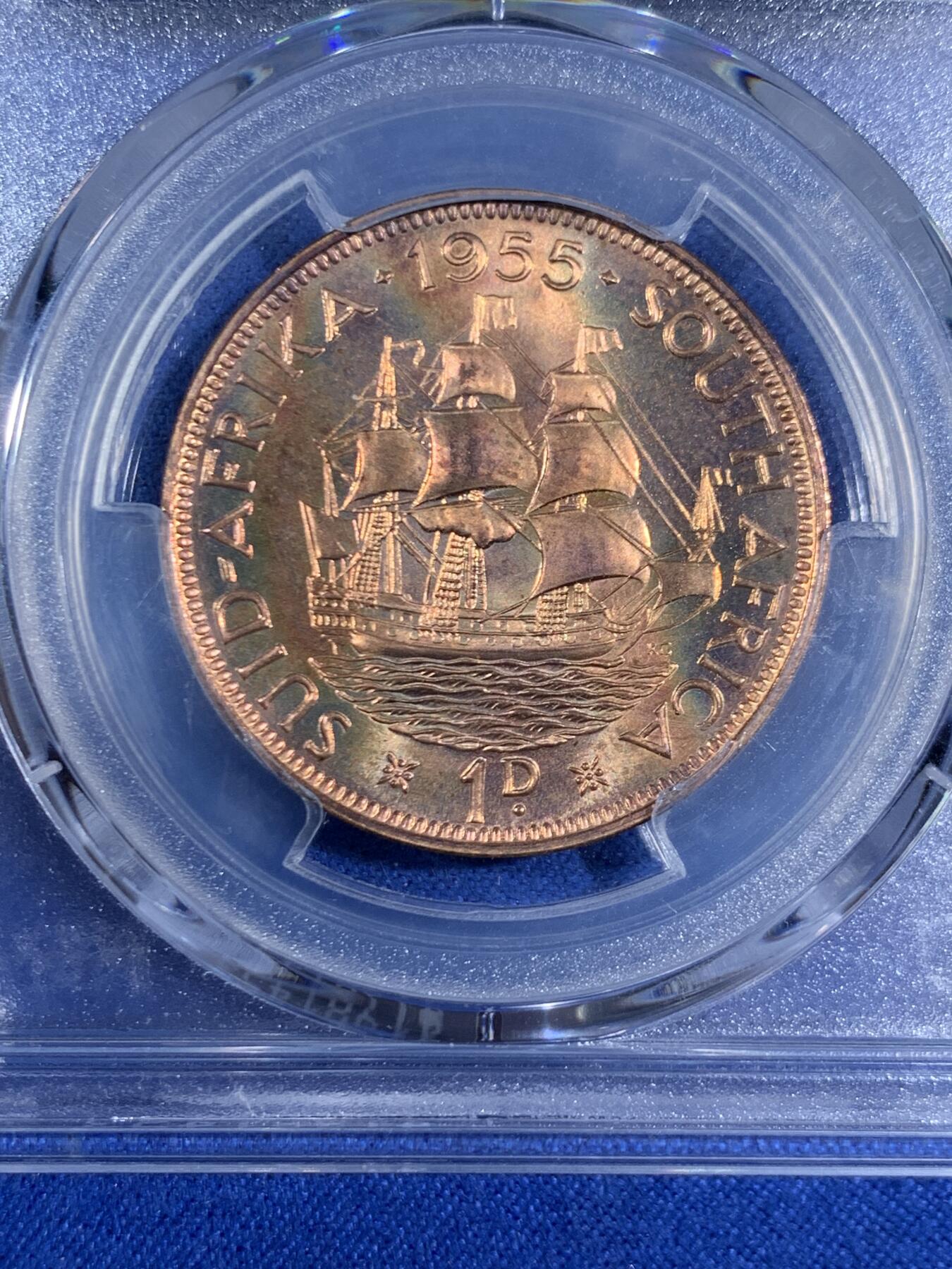 《竞宝斋》第468场 周日，周一 2场连拍 （全场包邮）欢迎送拍 PCGS PR66RD 南非1955年1便士，高分RD不易