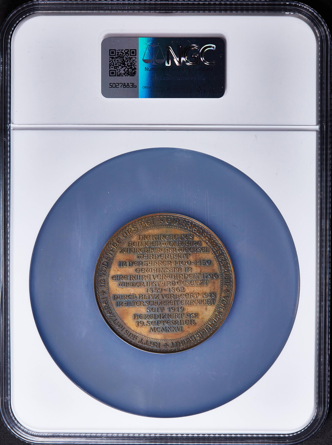 【俄甄集藏】2026年(049)03-18星期三 晚 19:30 全场包邮 德国1926年纪念基希贝格的圣沃尔夫冈朝圣教堂完成重建大铜章，NGC MS63，稀有品种，直径：52mm，盒体边缘有小裂，见详图