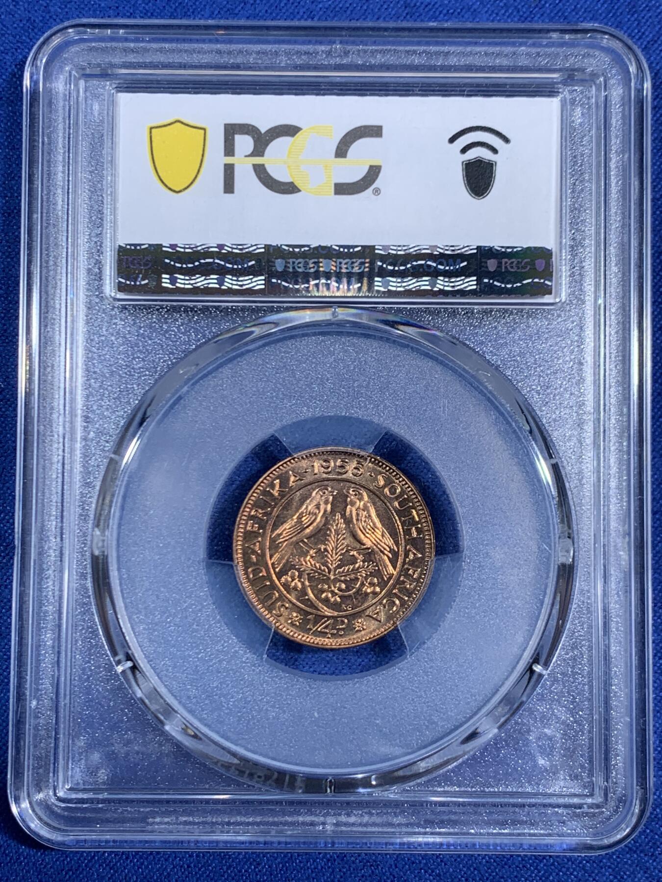 《竞宝斋》第468场 周日，周一 2场连拍 （全场包邮）欢迎送拍 PCGS PR66RD 1955年南非1/4便士，高分RD不易