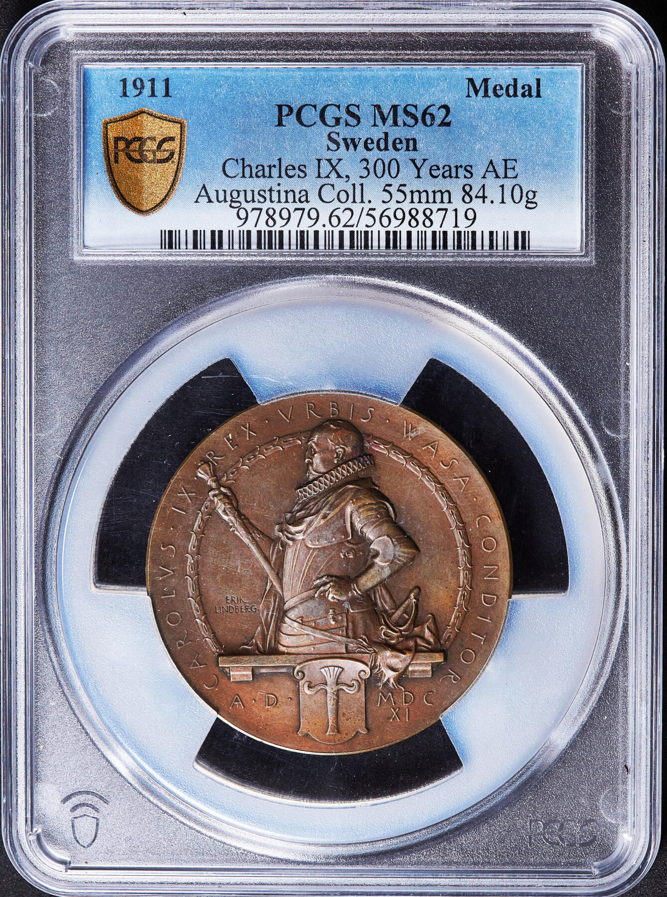 【俄甄集藏】2026年(049)03-18星期三 晚 19:30 全场包邮 瑞典1911年纪念国王卡尔九世逝世300周年大铜章，PCGS SP62，设计精美，唯一评级记录，直径：54mm