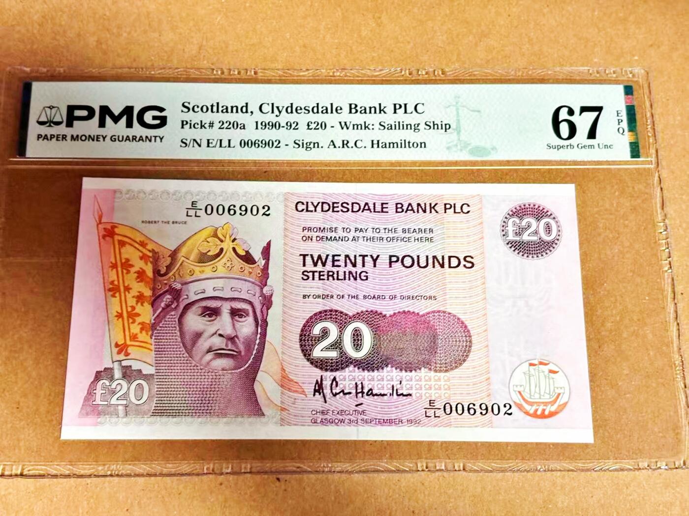 【Blue Auction】世界纸币精拍第792期——18级TOP拍卖/信誉/品质/专业/高效💫 【千位小号无47】苏格兰 1992年20镑 PMG67EPQ 