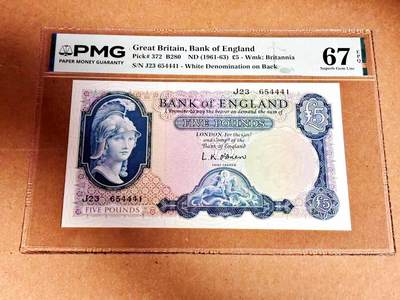 【Blue Auction】世界纸币精拍第792期——18级TOP拍卖/信誉/品质/专业/高效💫 - 英国 B序列 1961-63年5镑  PMG67EPQ 