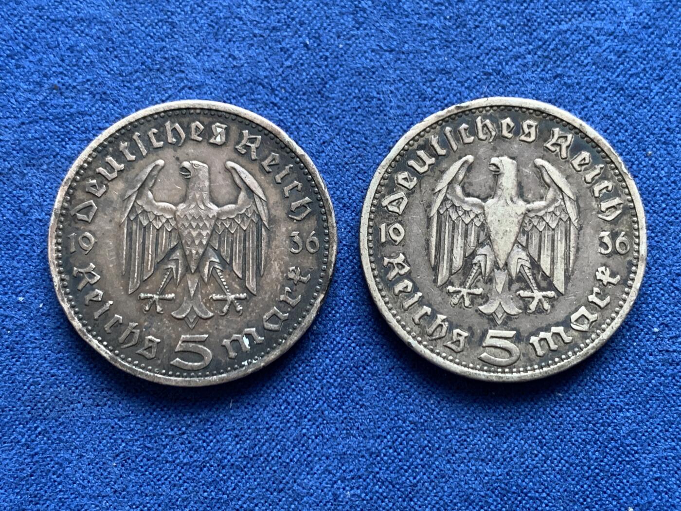 《竞宝斋》第468场 周日，周一 2场连拍 （全场包邮）欢迎送拍 两枚一组 德国1936年兴登堡5马克银币 总重27.45克