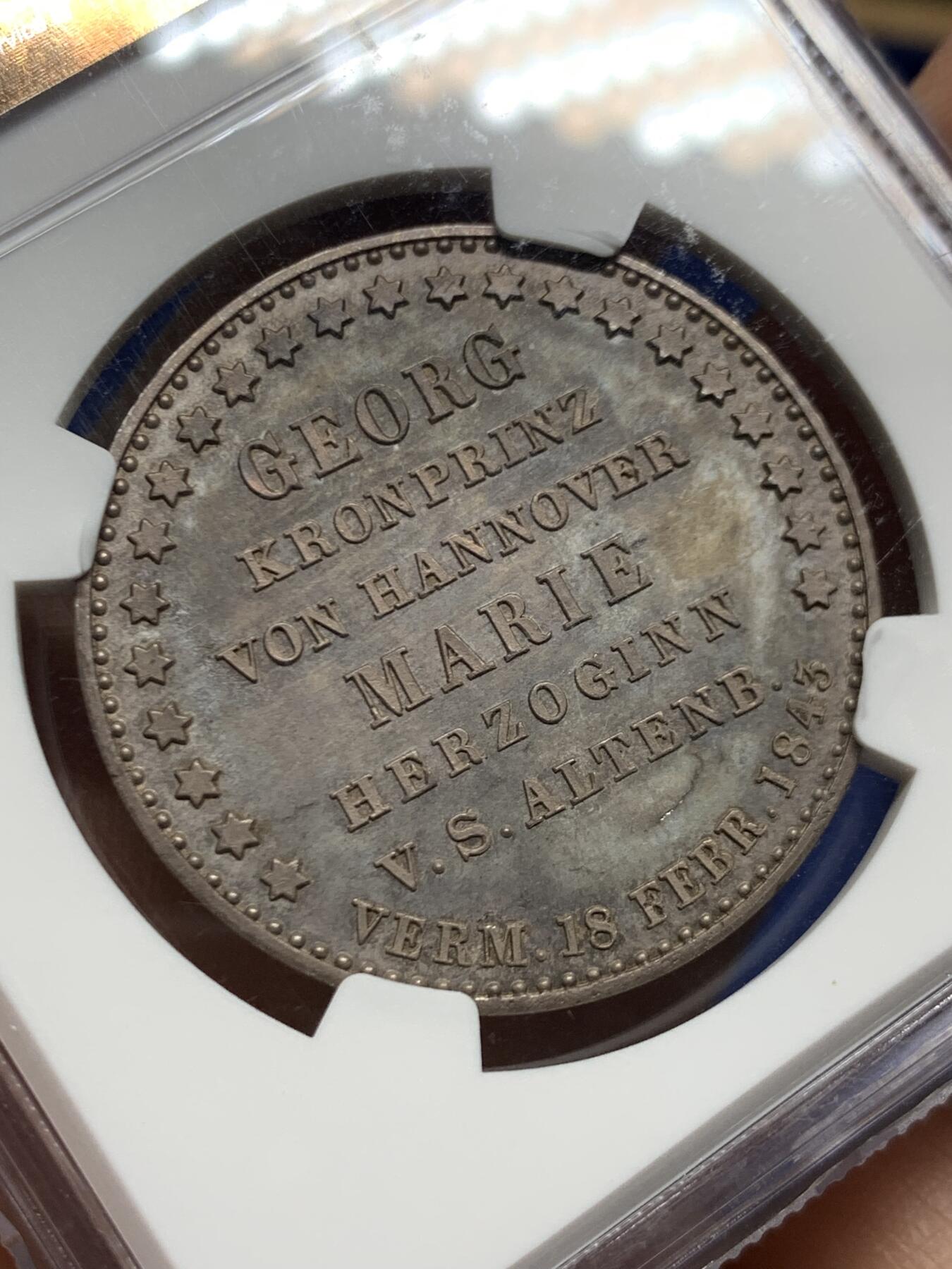 《竞宝斋》第468场 周日，周一 2场连拍 （全场包邮）欢迎送拍 亚军分 NGC MS64 德国 1843 汉诺威王家婚礼纪念泰勒 发行量仅1010枚 可遇不可求的品种 更高分仅一枚