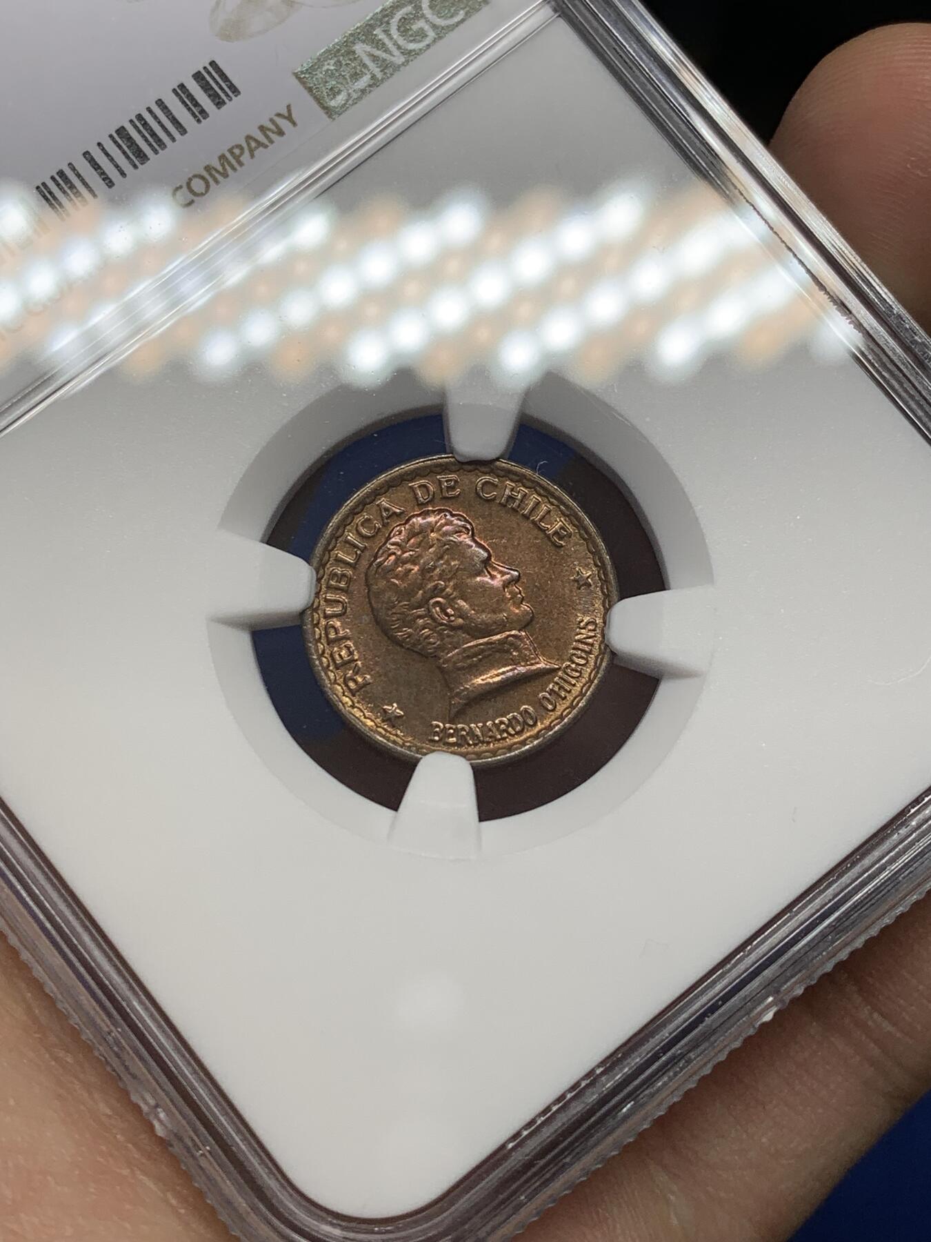 《竞宝斋》第468场 周日，周一 2场连拍 （全场包邮）欢迎送拍 NGC MS64RB 1952年智利20分铜币 拆卷品评级 冠军分！