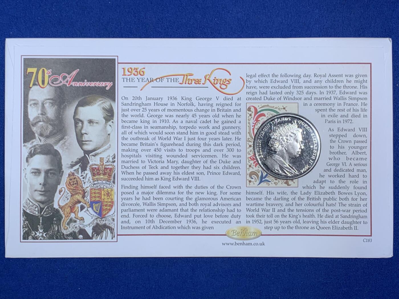 《竞宝斋》第468场 周日，周一 2场连拍 （全场包邮）欢迎送拍 三枚一组 英属维京群岛2006年纪念英国三王之年70周年1元纪念币，邮币封，乔治五世，爱德华八世，乔治六世