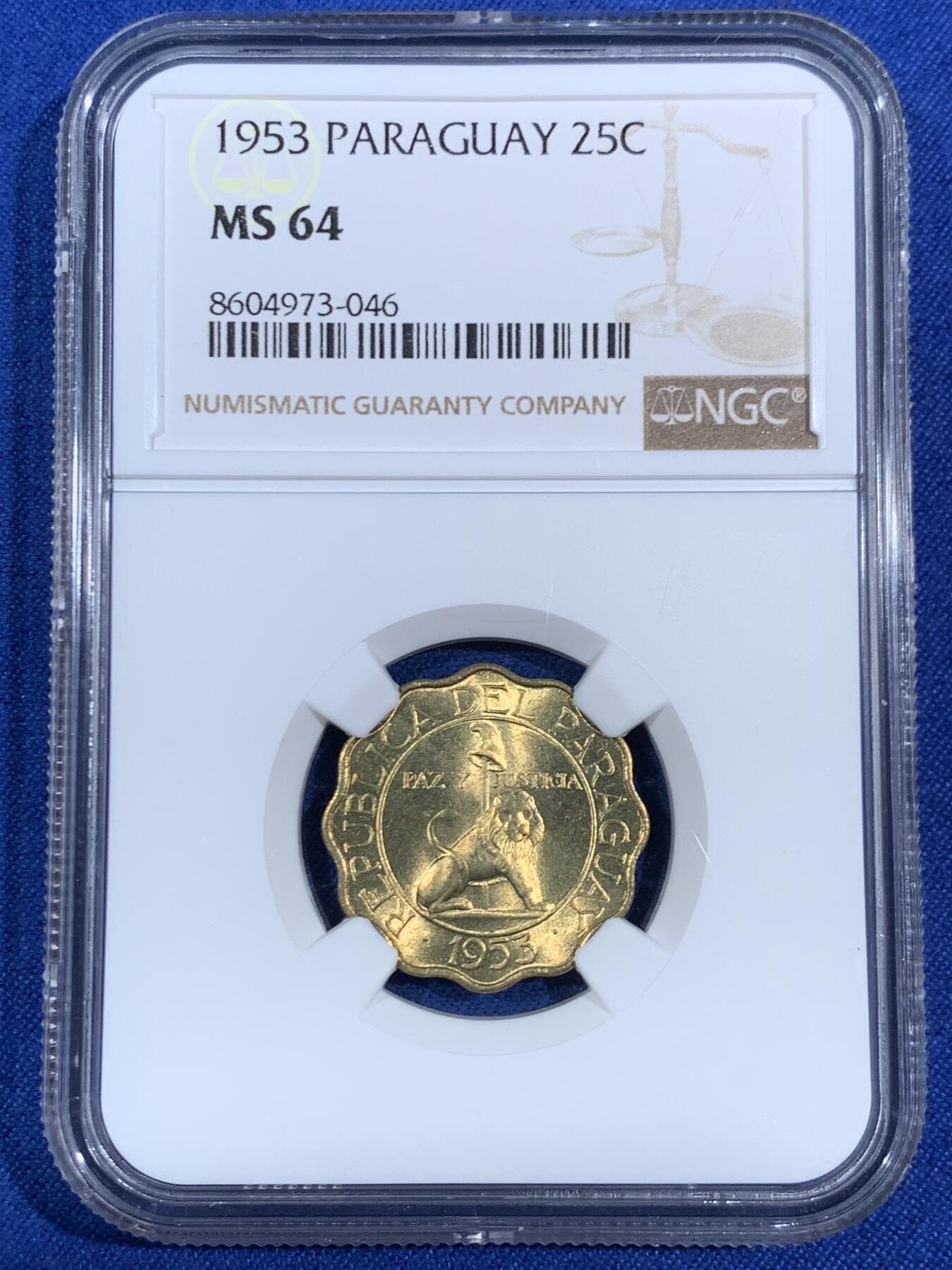 《竞宝斋》第468场 周日，周一 2场连拍 （全场包邮）欢迎送拍 NGC MS64 巴拉圭1953年25分 少见品种