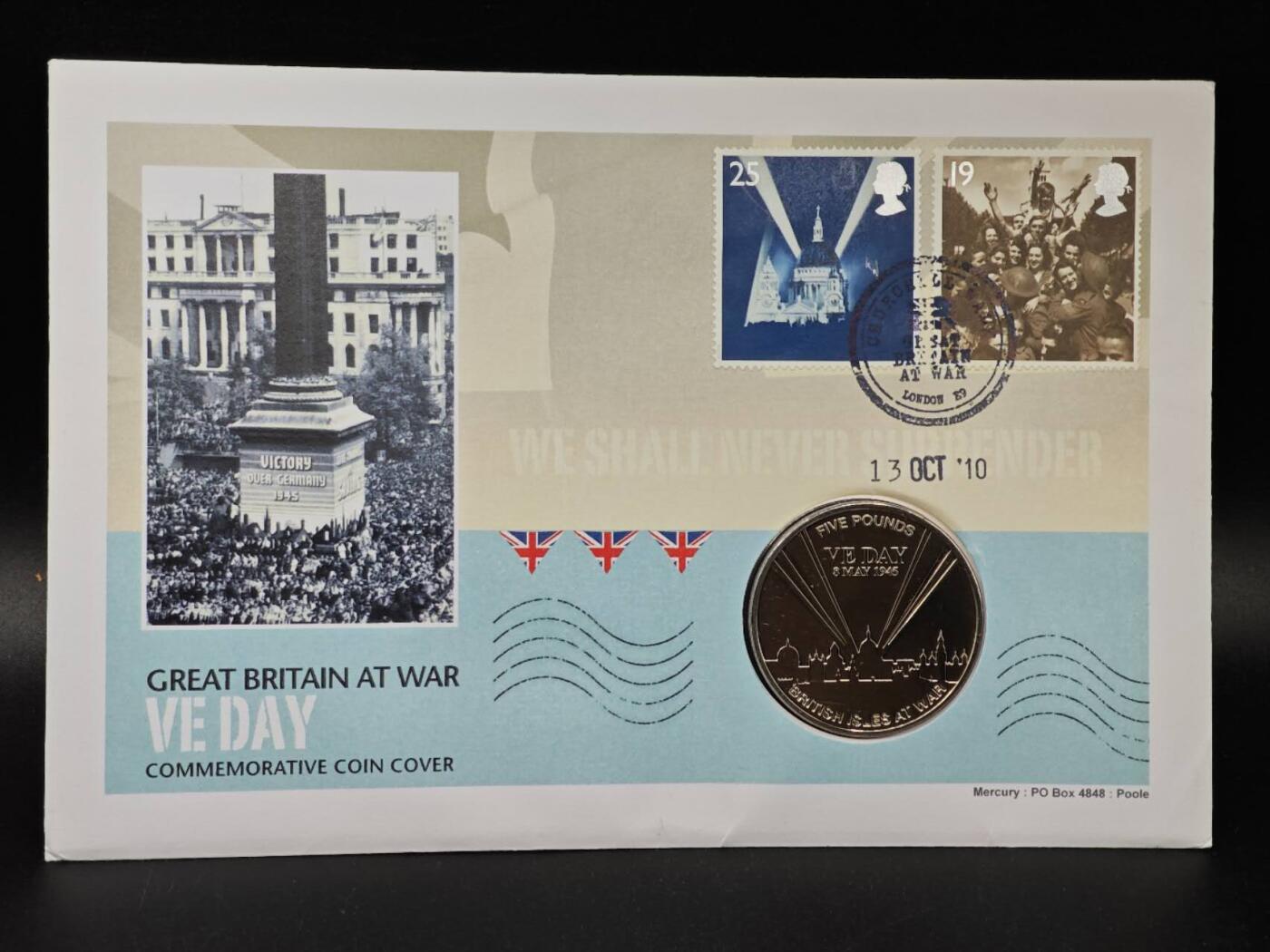  【淘币小摊】限时拍第八百七十八拍   克朗币邮币封场    每周一统一发货 泽西岛2010年二战胜利日5镑纪念币邮币封