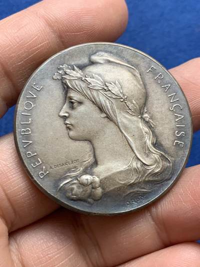 《竞宝斋》第468场 周日，周一 2场连拍 （全场包邮）欢迎送拍 - 罗蒂作品 法国科技促进会镀银铜章 31.7克 41.5mm 三角铜标 带盒