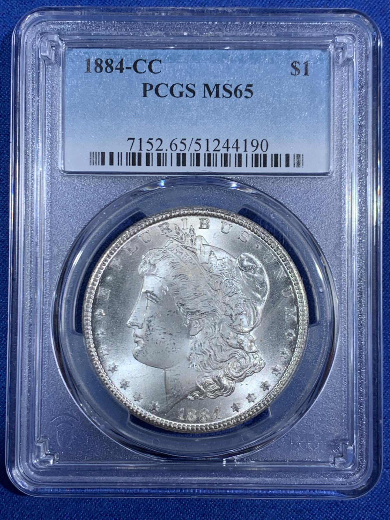 《竞宝斋》第468场 周日，周一 2场连拍 （全场包邮）欢迎送拍 PCGS MS65 美国 1884 CC 摩根 稀有卡森厂 高分难得 车轮转光