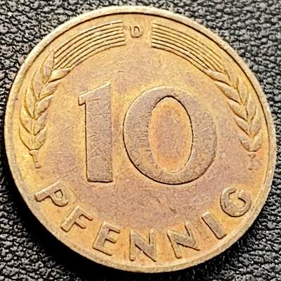 泉币菌-第205场-拍品多 请提前出价 - 联邦德国1950年 10芬尼硬币 橡树麦穗  银行版 21.5mm