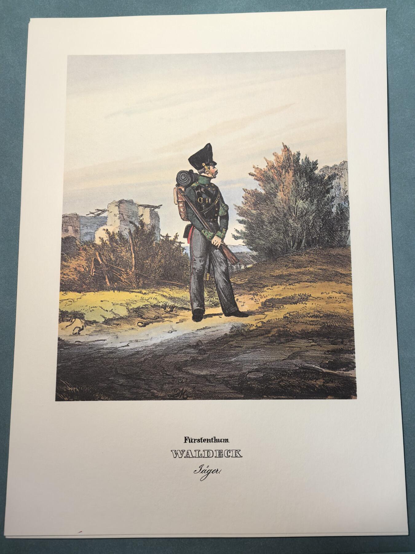 盛世勋华——号角文化勋章邮票专场拍卖第308期 大尺寸手绘图卡 瓦尔德克亲王国轻步兵 大A4尺寸 翻印自1848年出版《德意志陆军》一书