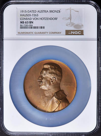 【俄甄集藏】2026年(049)03-18星期三 晚 19:30 全场包邮 - 奥地利1915年纪念陆军元帅弗兰茨·康拉德·冯·赫岑多夫骑士屠龙大铜章，NGC MS63，经典品种，直径：65mm