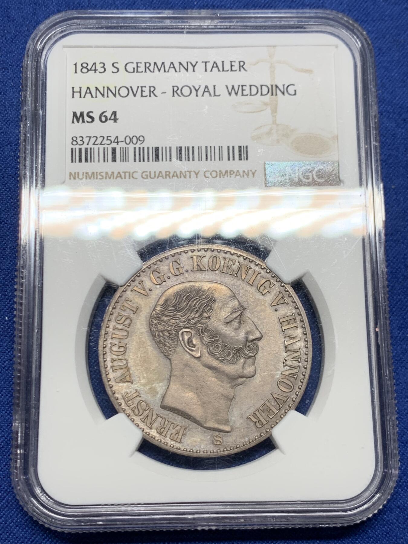 《竞宝斋》第468场 周日，周一 2场连拍 （全场包邮）欢迎送拍 亚军分 NGC MS64 德国 1843 汉诺威王家婚礼纪念泰勒 发行量仅1010枚 可遇不可求的品种 更高分仅一枚