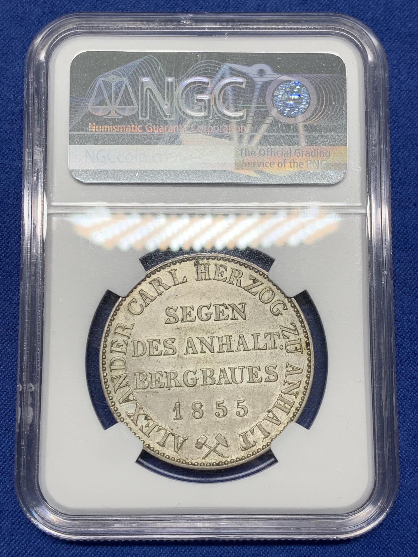 《竞宝斋》第468场 周日，周一 2场连拍 （全场包邮）欢迎送拍 NGC AU58 德国 1855A 安哈特 矿业祈福 小熊爬墙泰勒 细节高耸 高点具在 原味包浆下带原光 标签带藏家名称